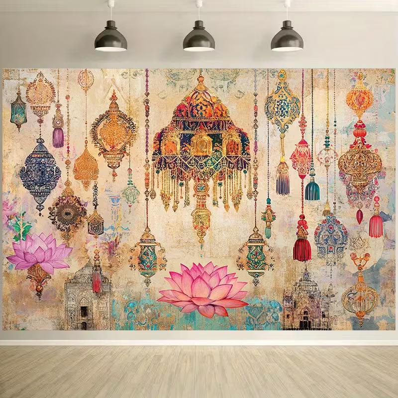 

2D Indian Style Lantern Backdrop, Lotus Mandala Bohemian Photography Backdrop 47.2x31.5inch/120*80cm