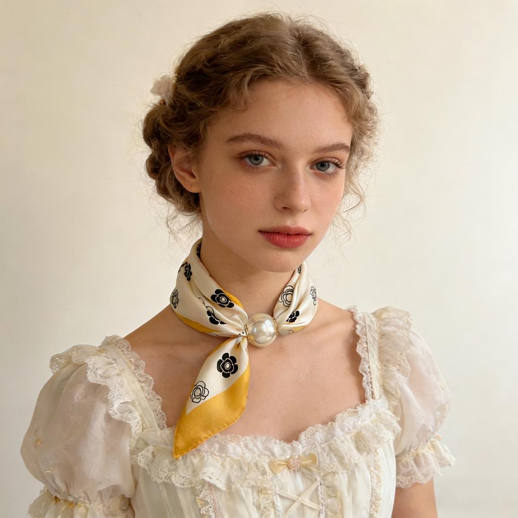 Scarf Magnetic Silk Collarbone Pearl Neck Scarf Thin Lazy Pendant Chain Buckle Bandana Handkerchief Foulards Femme Accesories
