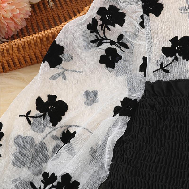 2024 Barn Rose Trykk Langermet Svart Kjole Mesh Kjoler Brodert Prinsesse Kjole for Jenter Barneklær