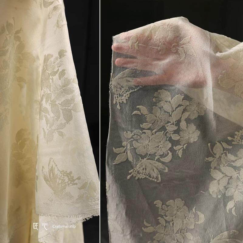Apricot Butterfly Tulle Flocking Fabric Artistic Chinese Style Lightweight DIY Designer Material for Women's Dress Hanfu
