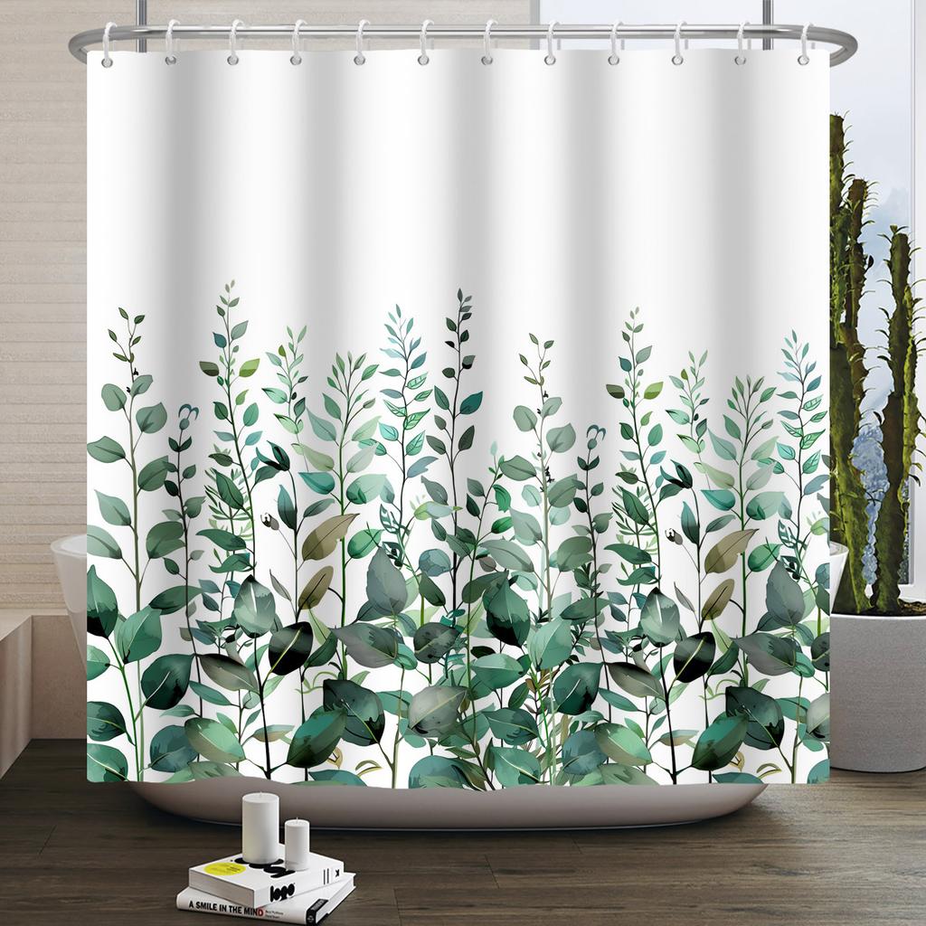 Green Eucalyptus Shower Curtain Watercolor Plant Leaves Bathroom Decoration Waterproof White Fabric Bath Curtain With 12 Hooks