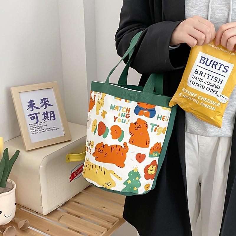 

Cotton Canvas Women Small Handbag Kawaii Girls Cute Bucket Bag Lunch Box Picnic Tote Dinner Container Food Storage Bags For Lady Practical Use