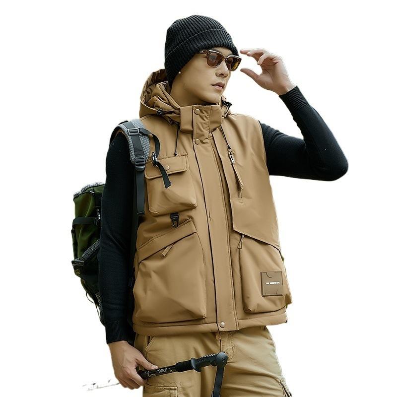Men's Autumn Plush Thick Outdoor Multi Pocket Camisole Fishing Jacket Men's Multi Pocket Workwear Jacket