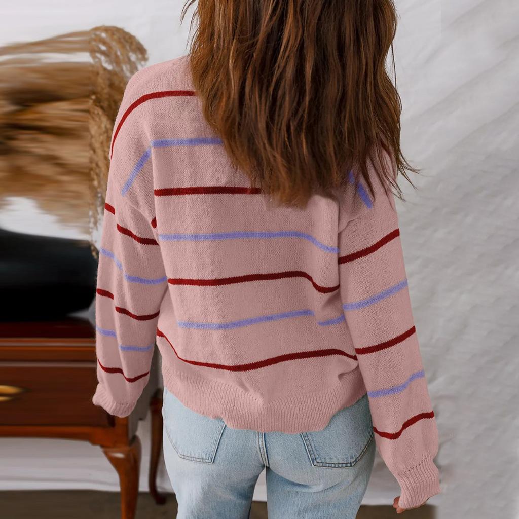 Women's Casual Color Striped Pullover Long Sleeve Loose Sweater