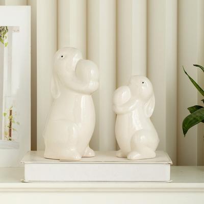 Yousheng Påsk Keramisk Kaninfigur som Håller Ägg Tittande Kanin Staty Skulptur Vår Påsk Helgfest Dekoration Prydnad