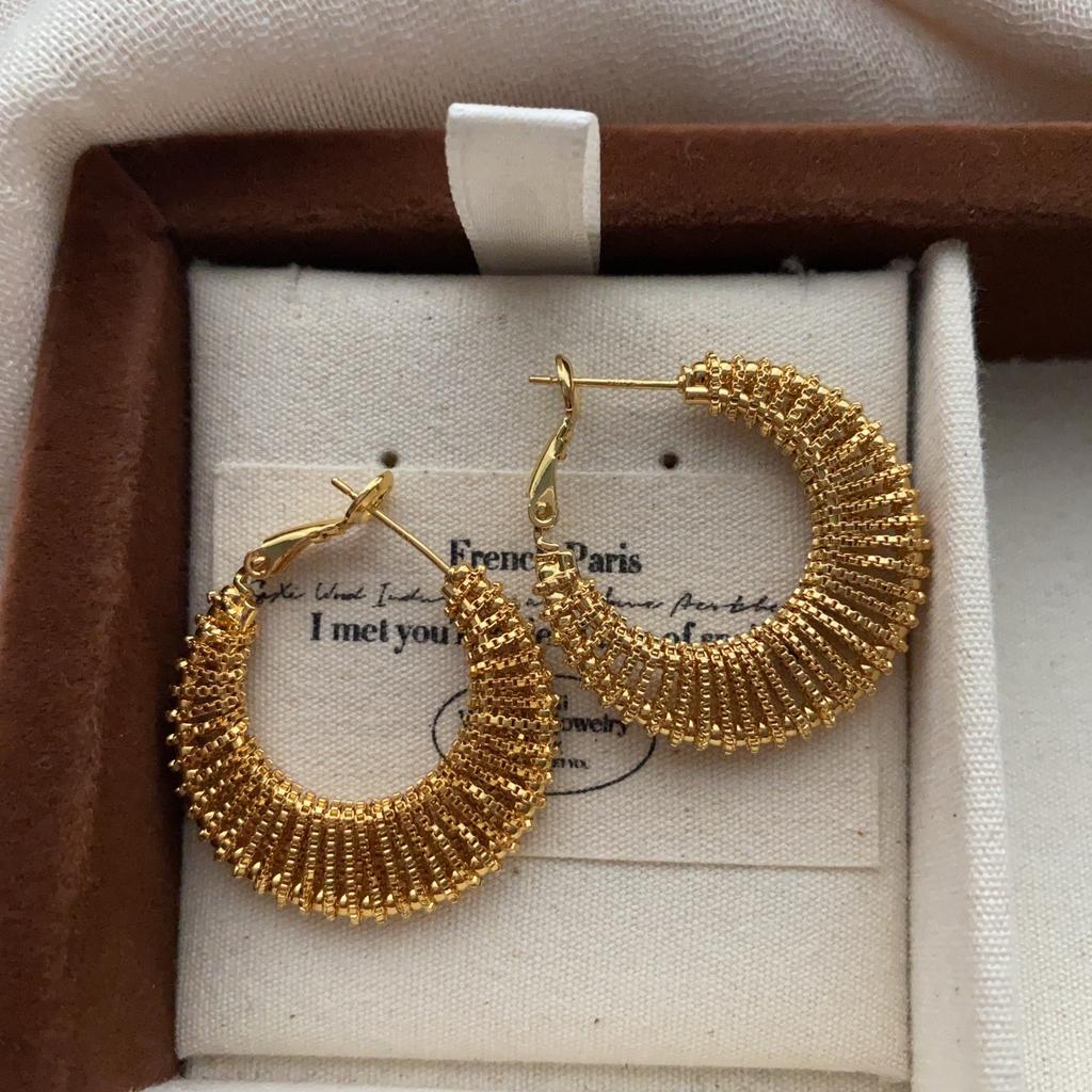 Classic Leather Metal Large Circle Earrings Women'S Niche Design Sense Advanced Temperament Small Fragrant Wind Earrings Earrings