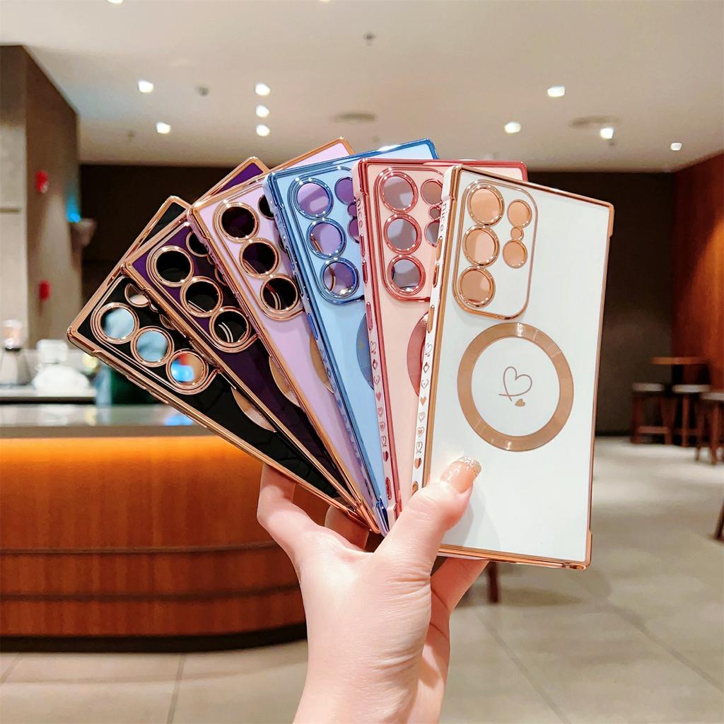 For Samsung Galaxy S26 Ultra Magnetic Case Electroplated TPU Phone Cover Hollow Love Hearts