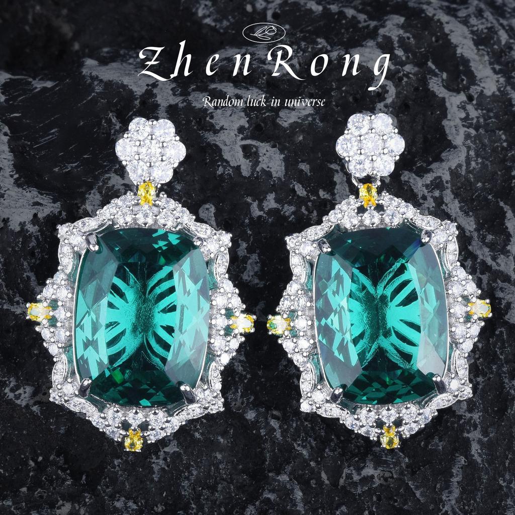 Temperament Fashion Emerald Pendant Necklace Inlaid Gemstone Stud Earrings Square Diamond Live Ring Color Treasure Set