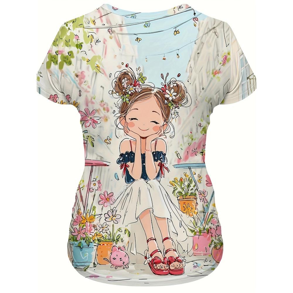 Hand drawn floral girls floral printed short sleeved T-shirt