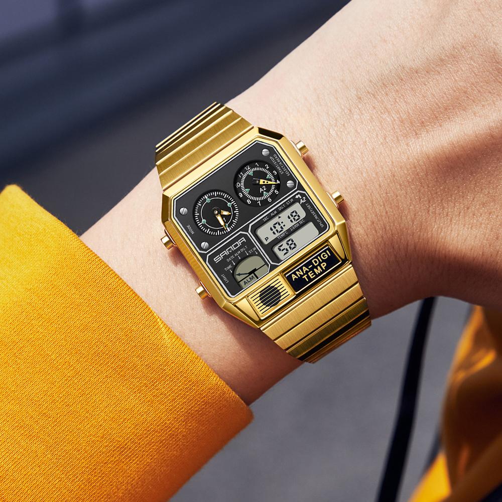 SANDA Electronic Watch Men Square Steel Band Digital Wristwatch Temperature Measurement Stopwatch Timing Multifunctional Watch