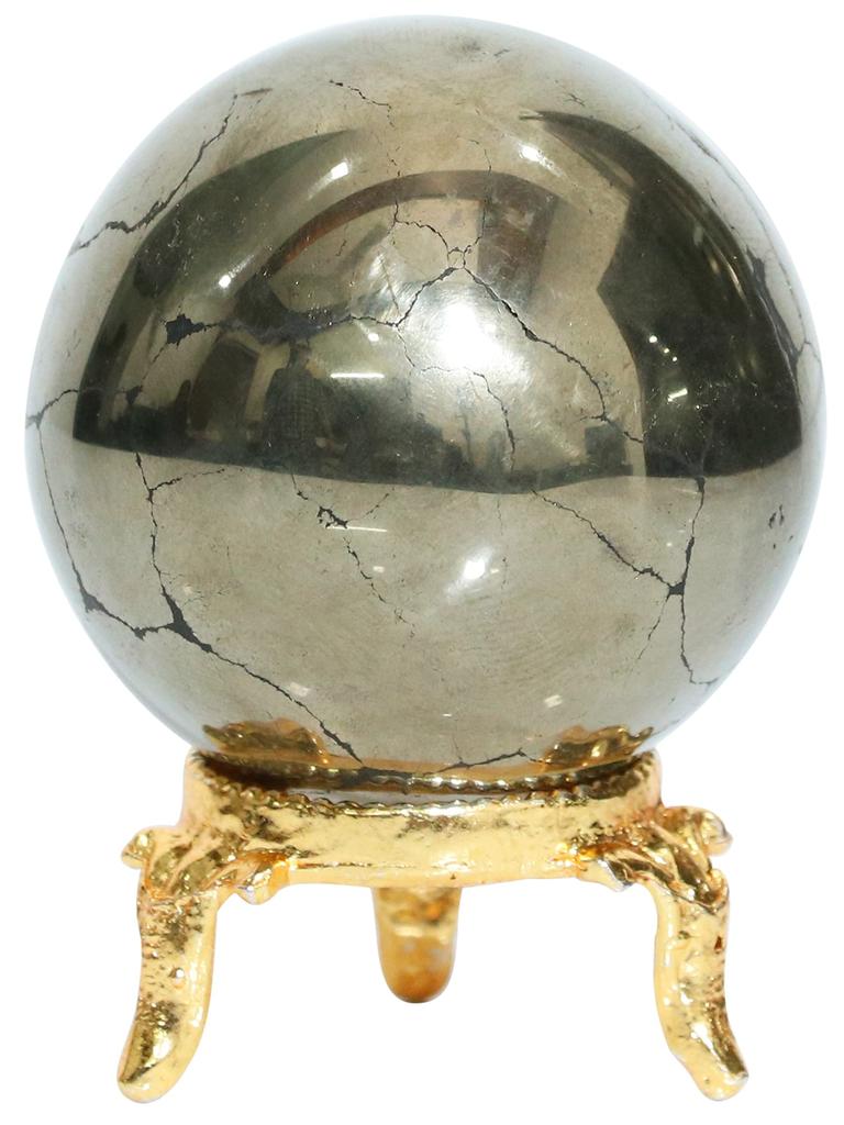Crocon Golden Pyrite Crystal Ball with Metal Stand Gemstone Ball Healing Sphere Sculpture Figurine For Feng Shui Fortune Telling Home Decor Photo