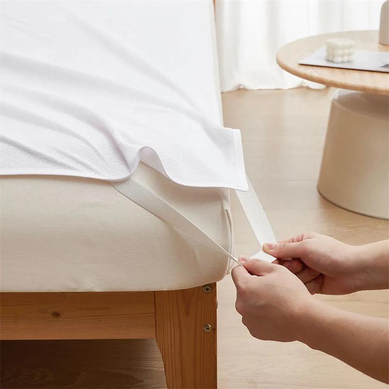 Waterproof White Mattress Pad Cover Terry Cloth Bed Fitted Sheet Elastic Belt Fix Mattress Topper Anti Water Sheet