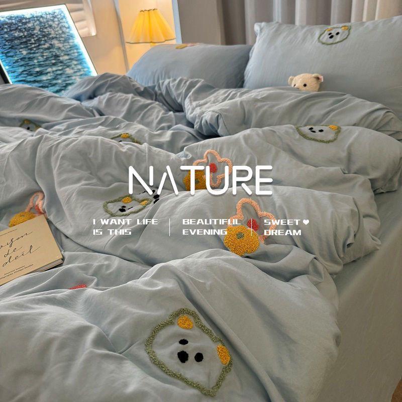 

Light Luxury New Blue Bow Quilt Cover Washed Embroidered Bed Sheet Sour-Piece Set Bedding Dormitory Bed Girls Soft and Warm 150x200cm 3pcs