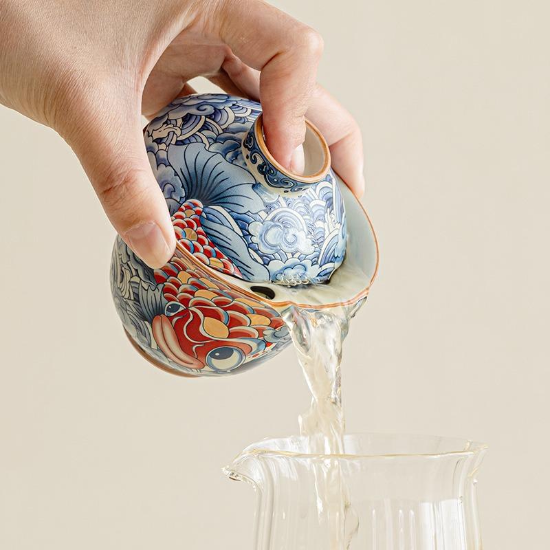 Dragon Fish Gaiwan Ceramic Tea Set Chinese Style Two Layer Lids Brewing Bowl for Home Kung Fu Tea Ceremony High Aesthetic Gift