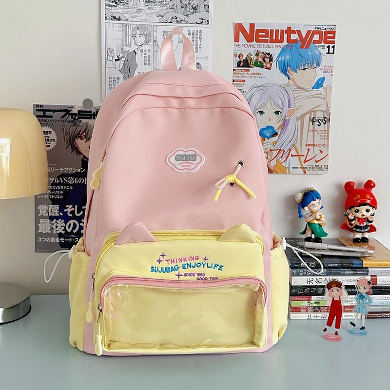 Embroidery Backpack Trendy With Transparent Pouch For Students Outings Casual