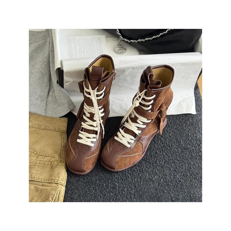 Sheepskin version~ retro versatile leather boxing boots, short boots, straps, side zipper, and climbing Martin boots.