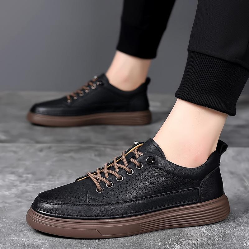 Leather shoes men's 2025 summer hollowed-out casual breathable board shoes, one pedal, lazy footwear men's tide