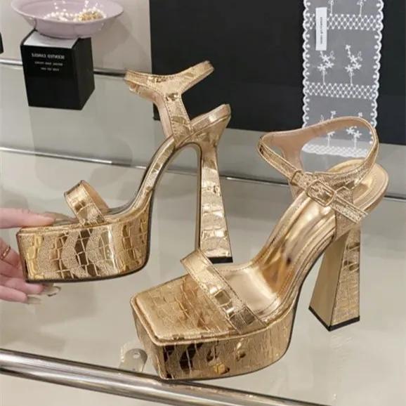 

Higher Quality Square Toe Ankle Strap Thick Bottom Women Sandals Sexy Open Toe Super High Heeled Slide Sandals Party Dress Shoes 40 шампанского