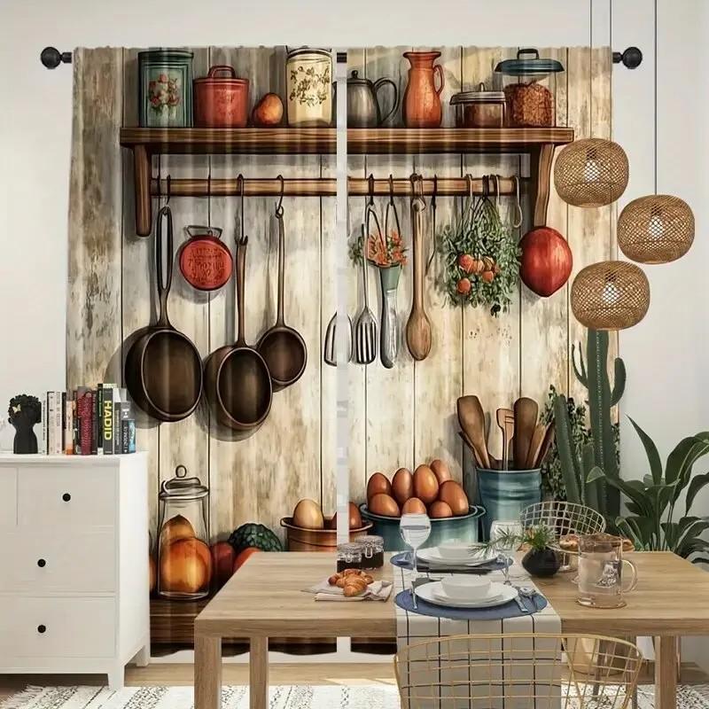 2pcs Rustic Kitchen Utensil Curtains   Design Drapes for Window  Home Decor   Rod Pocket Curtains