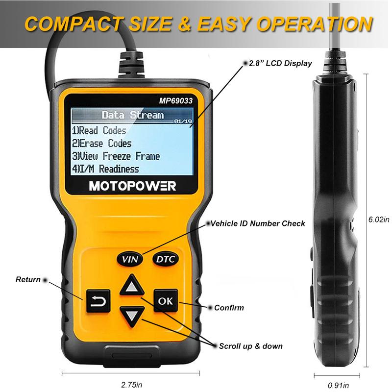 MOTOPOWER MP69033 OBD2-Scanner Universeller Motorfehlercode-Leser für Autos, CAN-Diagnose-Scan-Tool für alle Autos mit OBD II-Protokoll