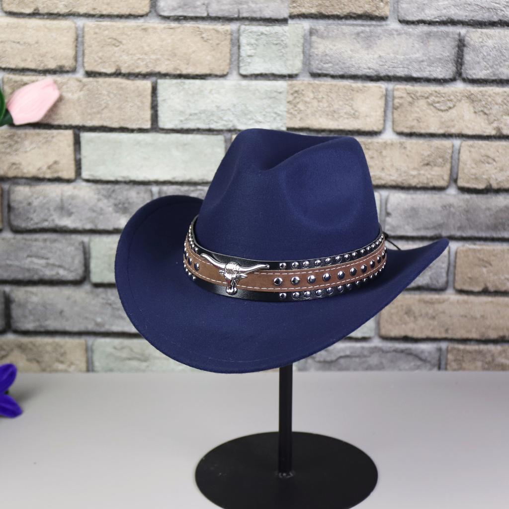 Western Cowboy Hat Big Edge Top Hat Women's European and American Jazz Hat Upturned Edge Felt Hat Tibetan Bull Head Casual Hat Men