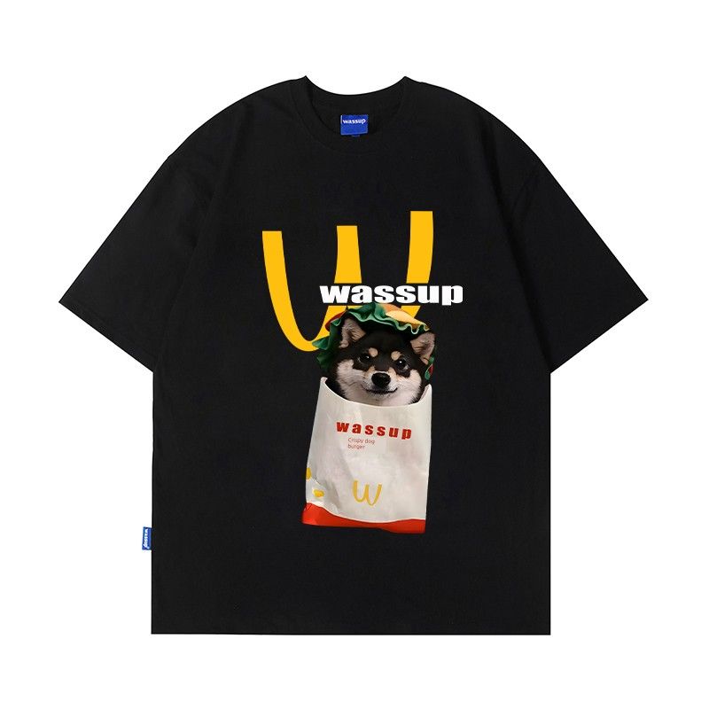 Wassup Trendy American Cartoon T-Shirt Short-Sleeved Couple Summer New Heavyweight Pure Cotton Versatile Unisex Top