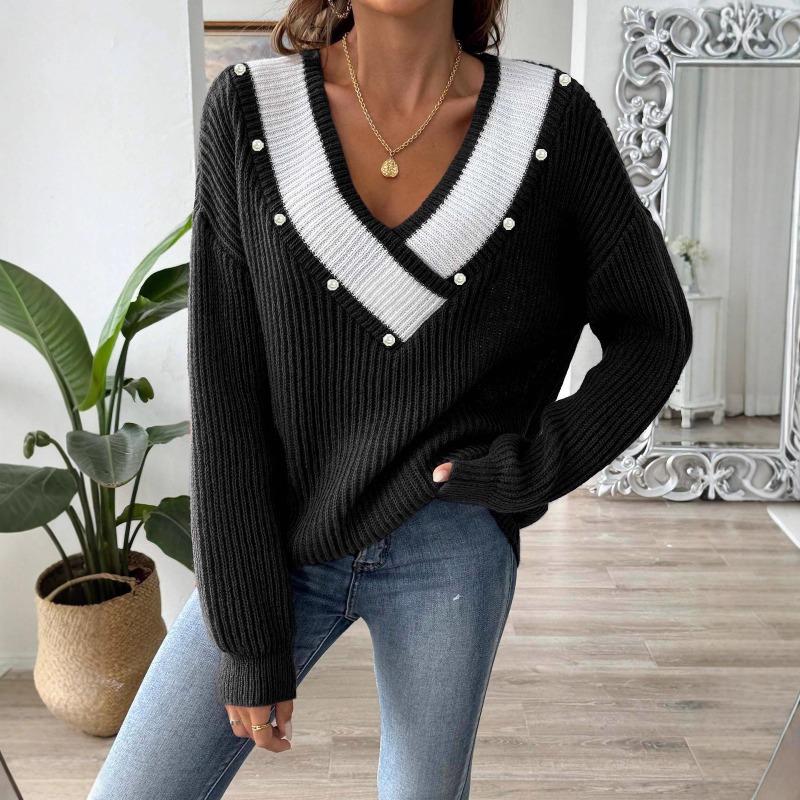 European Style Loose Fit V Neck Beaded Pullover Sweater For Women