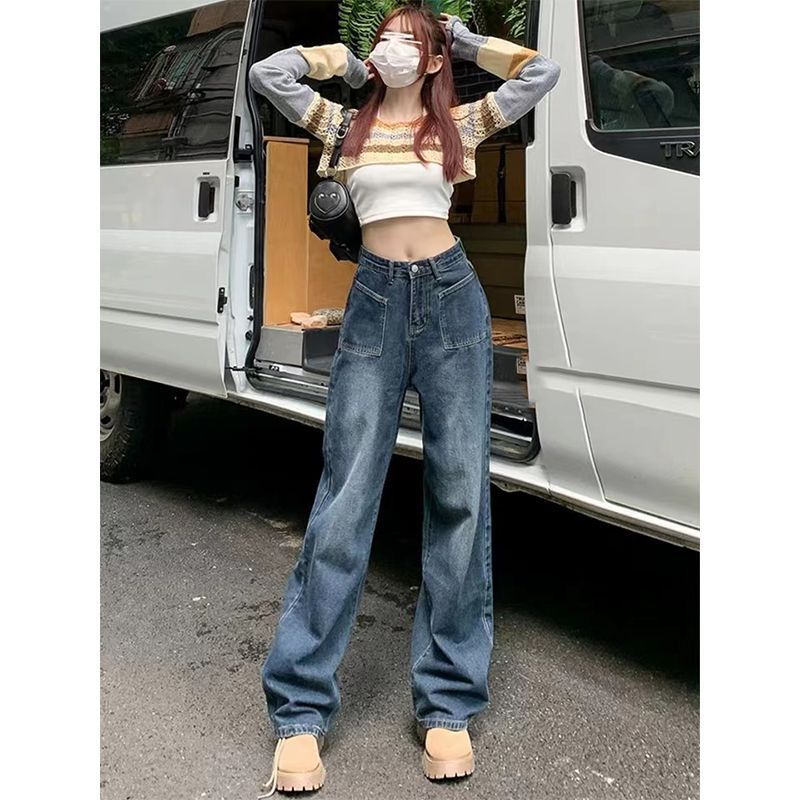 

Прямые джинсы в американском стиле ретро, ​​женские весенне-осенние 2023 г., новые широкие длинные брюки большого размера в форме груши для мытья полов