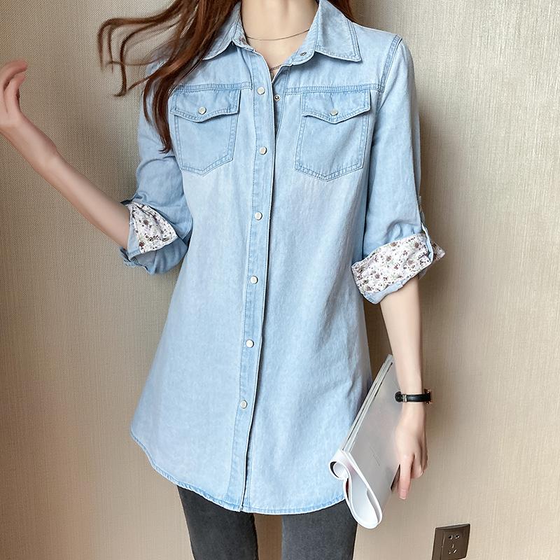 Camicia Casual in Denim a Maniche Lunghe alla Moda da Donna Stile Coreano Ampia Nuova con Rever Primavera e Autunno Ufficio Blusa Lunga Streetwear Top Giacca Abbigliamento