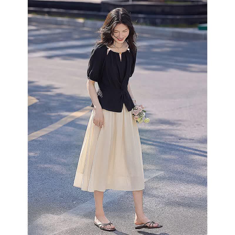 Linen Beaded French Shirt & Skirt Two-Piece Set