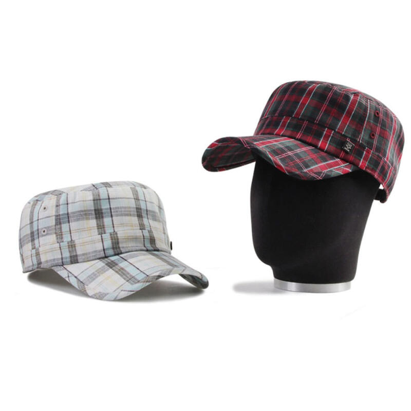 Oversized linen square check military cap Black_Red