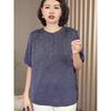 Women's Denim Blue Linen Blend Blouse Casual Half Sleeve Henley Neck Loose-Fit Top