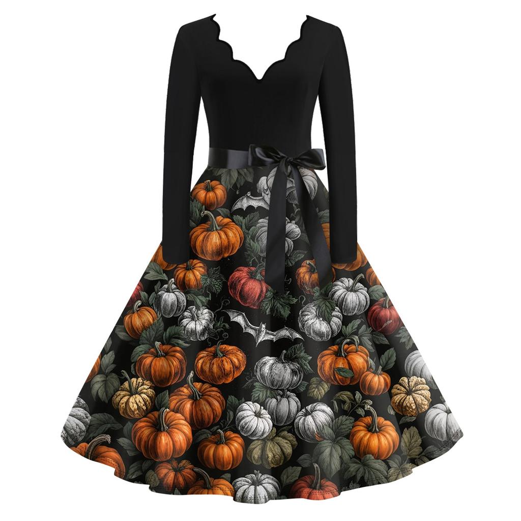 Women's Casual Fashion Long Sleeve Halloween Graphic Printed Vintage Long Dresses