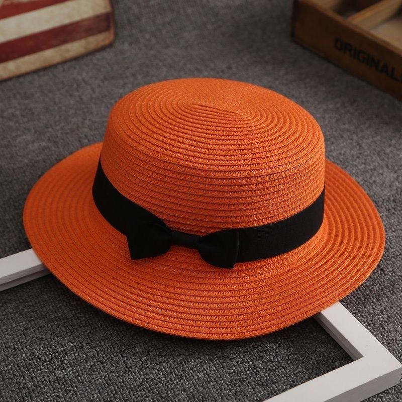 Women's Flat Top Vacation Straw Hat Solid Color Wide Bow Bow Hat Sunscreen Beach Hat