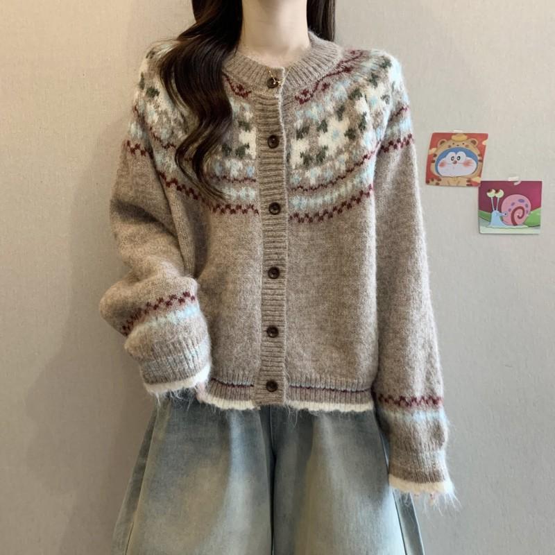 2026 Womens Oversized Knit Cardigan Long Sleeve Crew Neck Warm Thick Fair Isle Sweater Winter