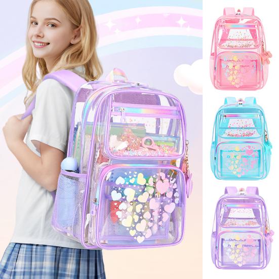 Kids Clear Backpack Waterproof Student Backpack with Love Heart Prints Book Bag with Front Zipper Pockets for Boys Girls School Street