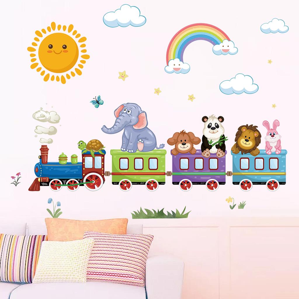 1Pc Cute Sun Rainbow Cartoon Animal Riding Train Wall Stickers for Kids Room Wall Decals Bedroom Decoration Home Decor