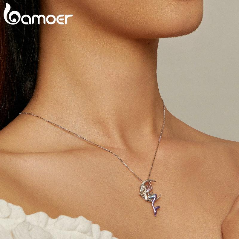 BAMOER 925 Sterling Silver Mermaid Pendant Necklace Moon Neck Chain for Women Delicate Birtrhday Gift Fine Jewelry
