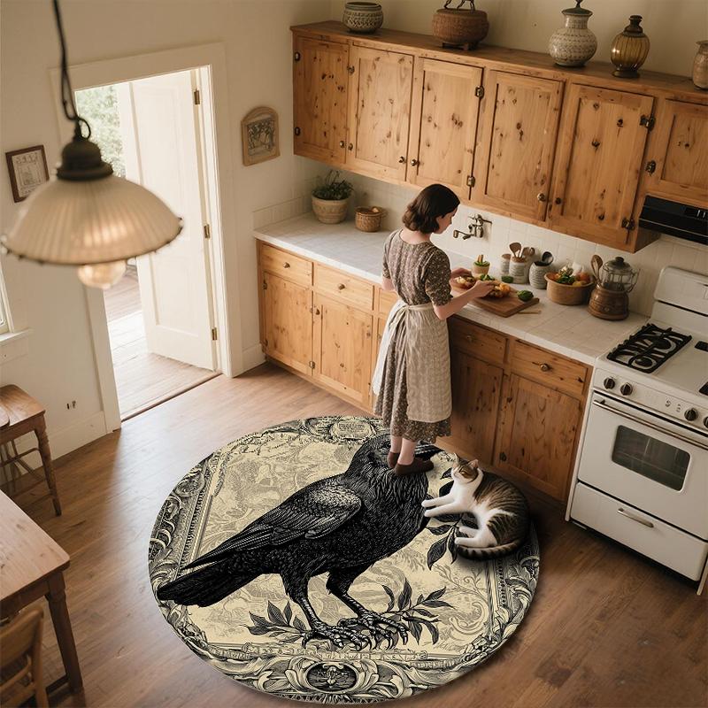 Vintage Border Crow,Round Area Rug,Carpet Rug for Living Room Bedroom Sofa Playroom Decor,Non-slip Floor Mat