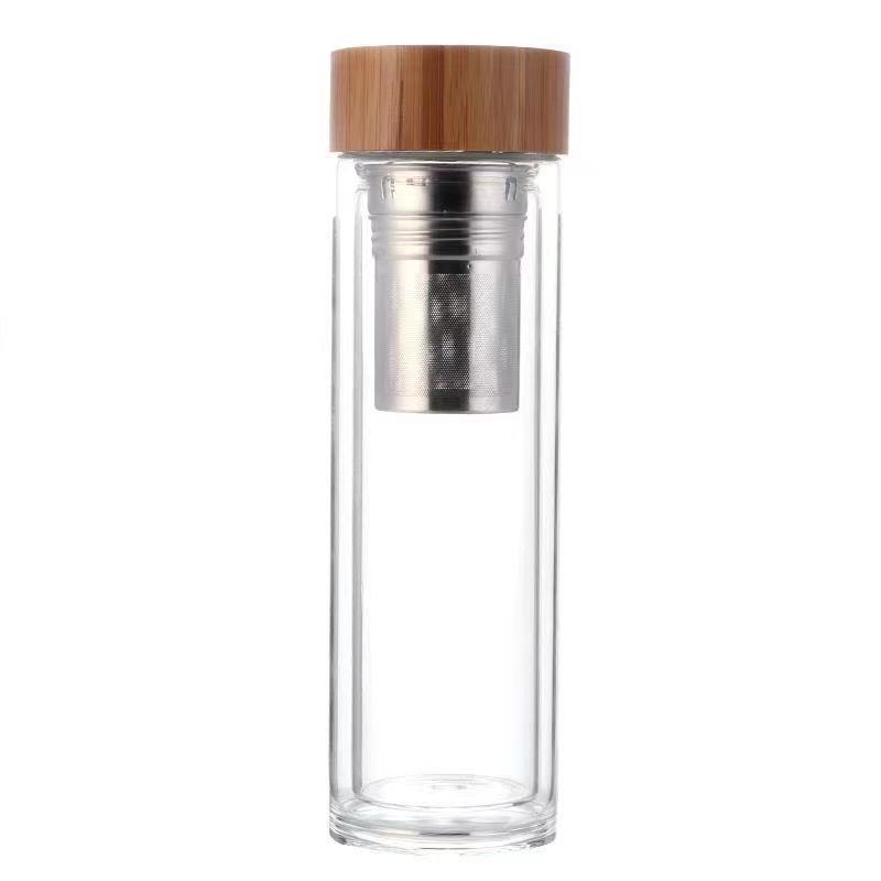 Stainless Steel Double Wall Glass Water Bottle Filters Bamboo Lid Travel Home Tea Infuser Office Thicken Teacup 300/400/500ML