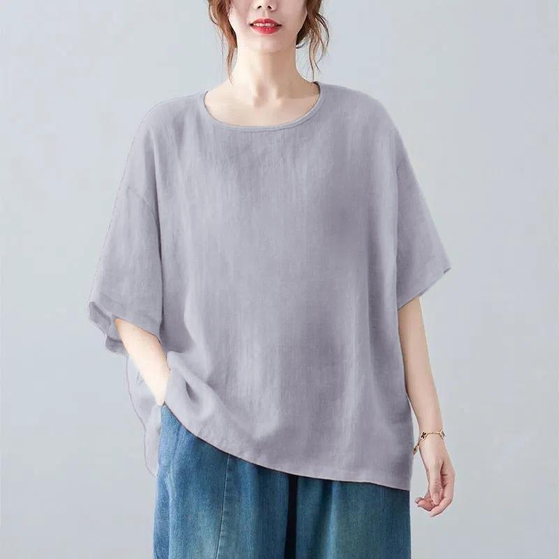 Casual Artistic Cotton Linen Women's T-Shirt Short Sleeves Vintage Top for Summer Plus Size Loose Fit Mother Clothing