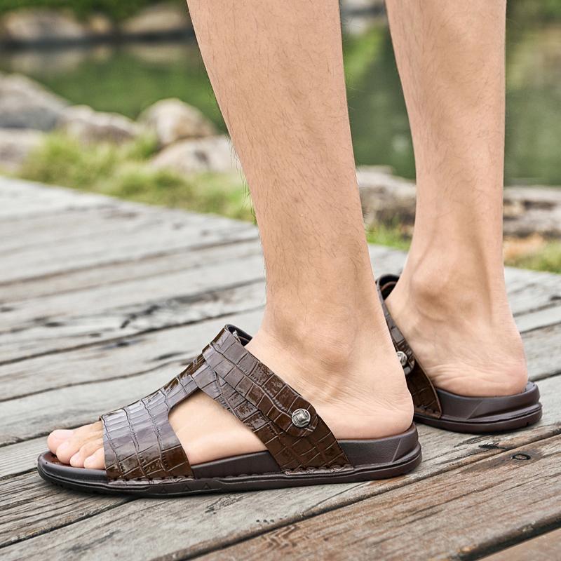 Fashion Genuine Leather Sandals for Men Flat Bottomed Stone Pattern Open Toe Breathable Solid Color Classic Daily Men Sandals Slippers