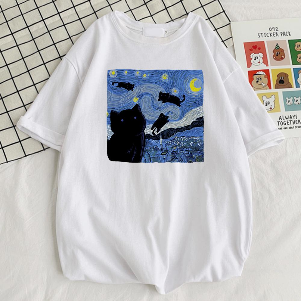 Vincent Van Gogh Starry Night Cute Cat Unisex Cotton Short Sleeve Crewneck Casual Tops Creative Oversize Short Sleeve Unisexs Clothing