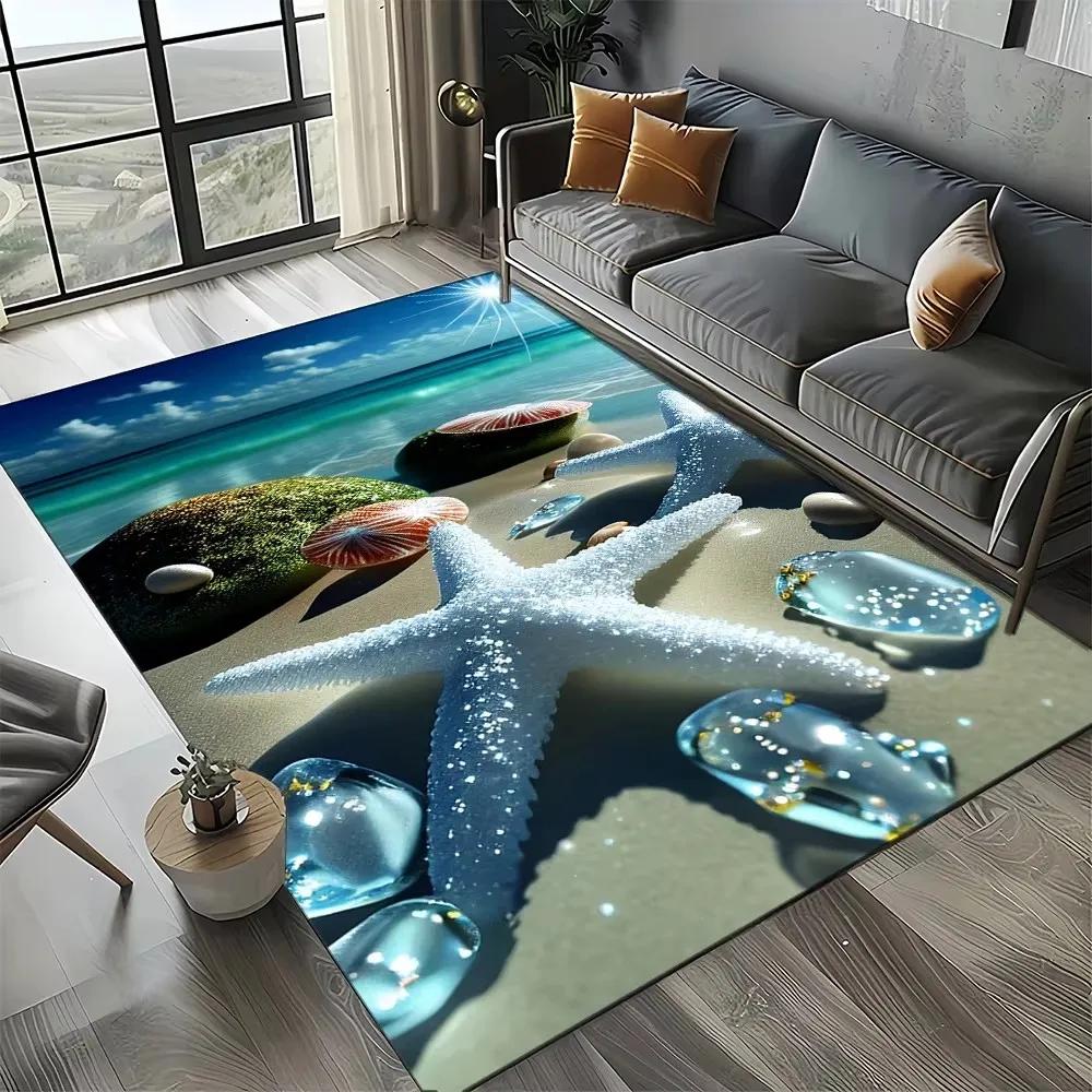 Starfish Beach Shell Sand Pattern Area Rug Coastal Ocean Carpet for Living Room Bedroom Kids Play Room Non-Slip Floor Mat