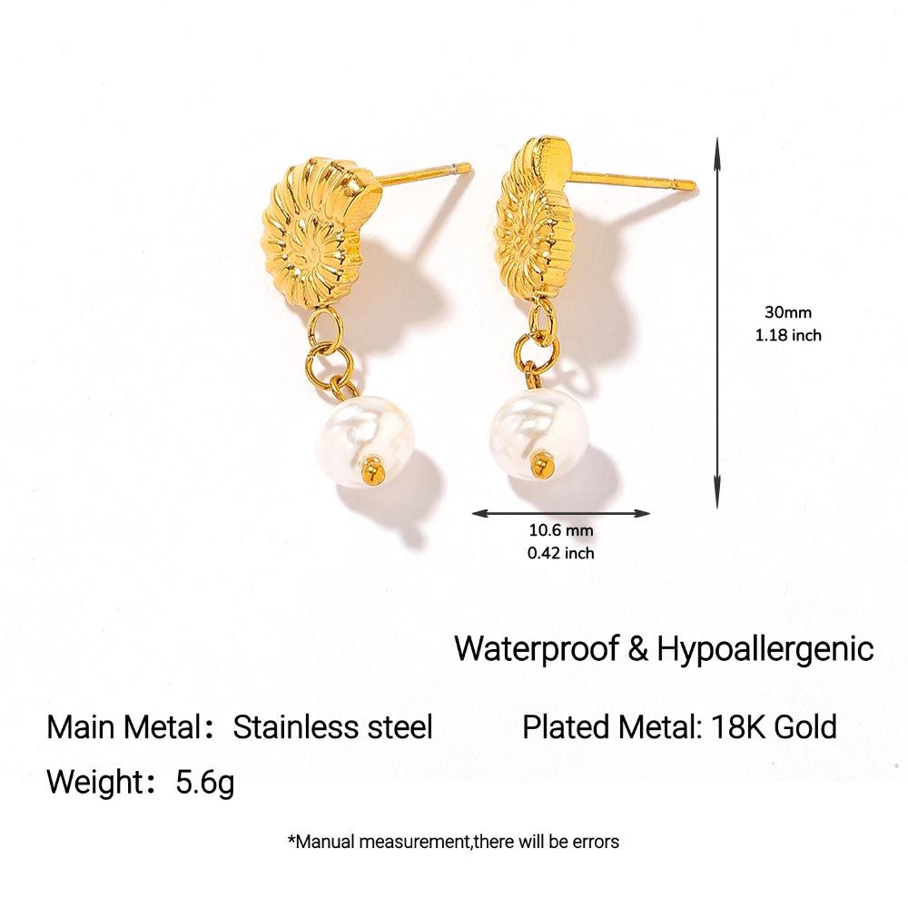 18K Gold-Plated Stainless Steel and Titanium Pearl Seashell Earrings for Women