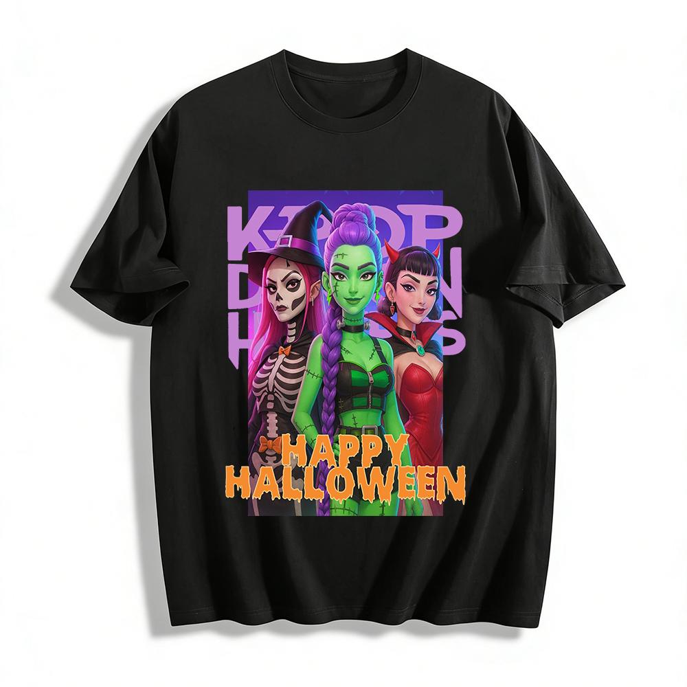 Halloween K-pop Style Top with Skeleton Frankenstein Vampire Graphic Print for Women Pure cotton T-shirt XXS