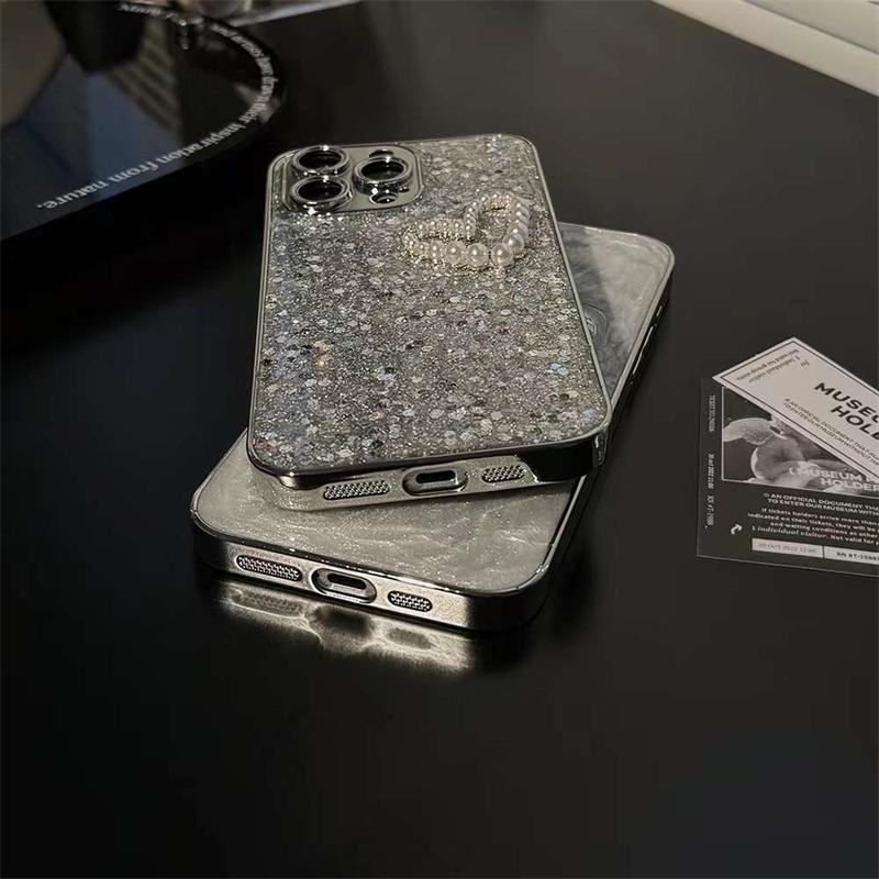 Luxury Pearl Love Heart Diamond Flash Phone Case For iPhone 15 14 13 12 11 Pro Max Electroplating Shockproof Cover For iPhone 15 14 13 12 11