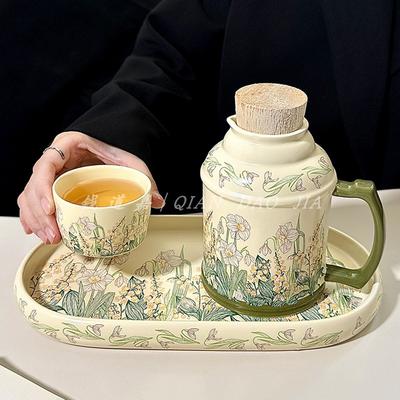Retro Design Szélcsengő Virágos Teáskanna Csésze Szett, Délutáni Teához Kerámia Csésze, Magas Minőségű Érzet, Nagy Kapacitású Teáscsésze Fedéllel