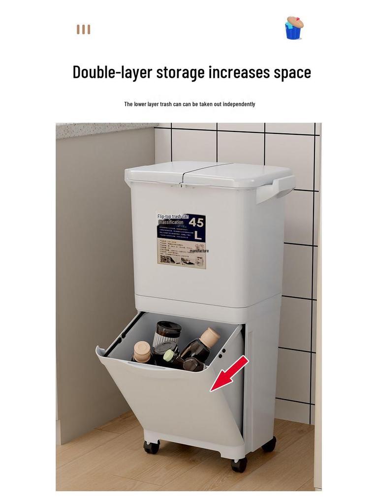 Large Capacity Double Layer Movable Kitchen Trash Bin with Dry/Wet Separation