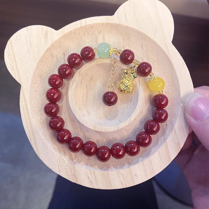 Imitation Cinnabar Beaded Bracelet with Four-Leaf Clover Charm - Ladies Night Market Jewelry